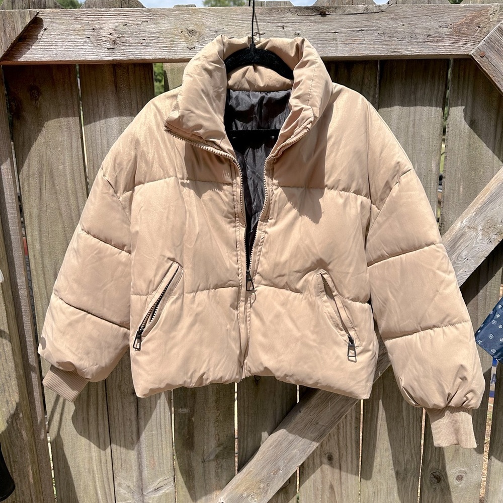 Trendy Camel Toned Nude Zip Up Front Overstuffed Puffer Coat Jacket